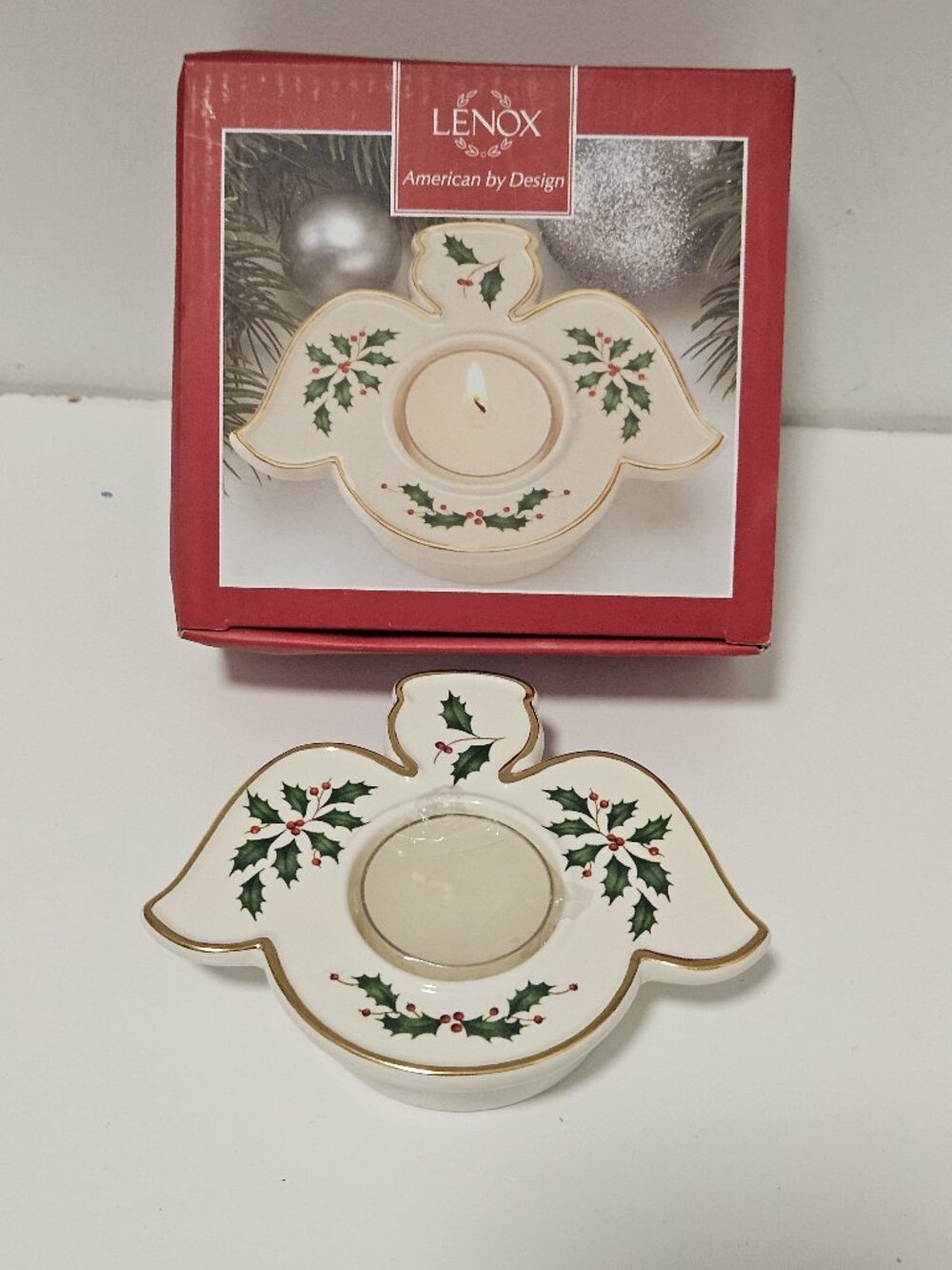 Lenox Christmas angel tea-light holder, holly & gold edging, NIB